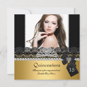 Invitation Quinceanera 15e Gold Silver Photo Black Lace