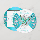 Invitation Quinceanera 15e Joli papillon bleu Turquoise Nouve (Devant / Derrière)
