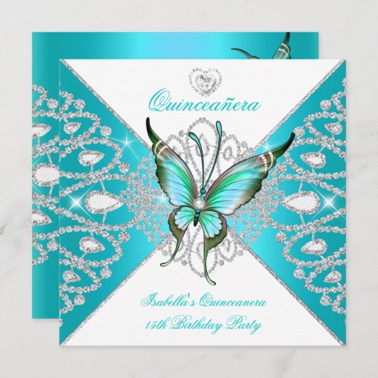 Invitation Quinceanera 15e Joli papillon bleu Turquoise Nouve (Devant / Derrière)