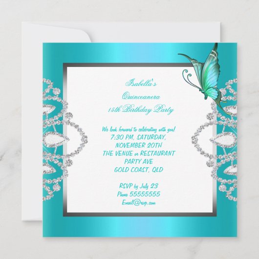 Invitation Quinceanera 15e Joli papillon bleu Turquoise Nouve (Dos)