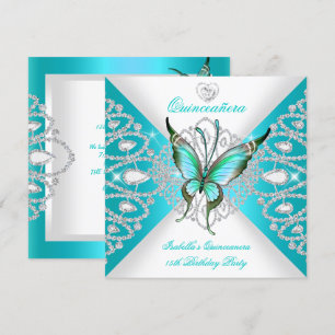 Invitation Quinceanera 15e Joli papillon bleu Turquoise Tiara