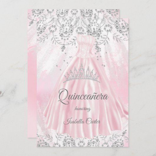 Invitation Quinceanera 15e Jolie parties scintillant robe en  (Devant / Derrière)