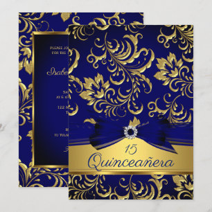 Invitation Quinceanera 15e Marine Blue Gold Floral Damask Bow