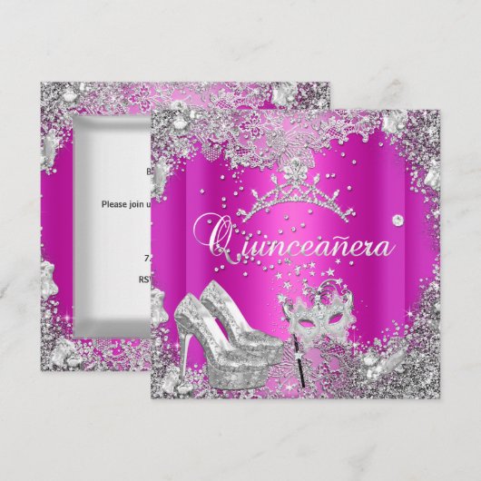 Invitation Quinceanera 15e Masque d'argent rose chaud Tiara (Devant / Derrière)