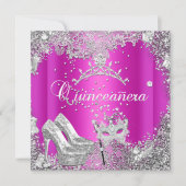 Invitation Quinceanera 15e Masque d'argent rose chaud Tiara (Devant)
