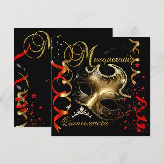 Invitation Quinceanera 15e Masquerade rouge or Masque (Devant / Derrière)
