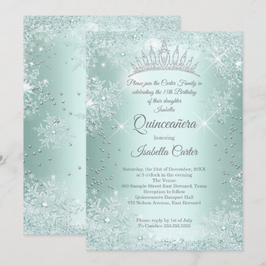 Invitation Quinceanera 15e Monnaie Turquoise Flocon de neige  (Devant / Derrière)