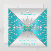 Invitation Quinceanera 15e papillon argenté Turquoise Tiara 3 (Devant)