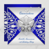 Invitation Quinceanera 15e Papillon bleu en argent Tiara (Devant / Derrière)