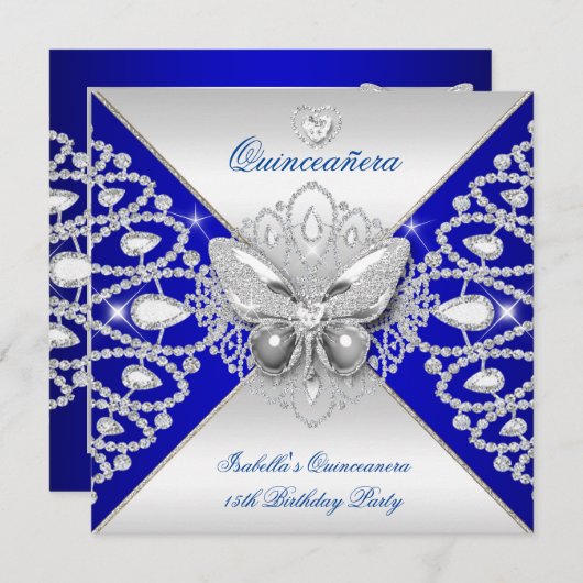 Invitation Quinceanera 15e Papillon bleu en argent Tiara (Devant / Derrière)