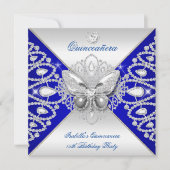 Invitation Quinceanera 15e Papillon bleu en argent Tiara (Devant)