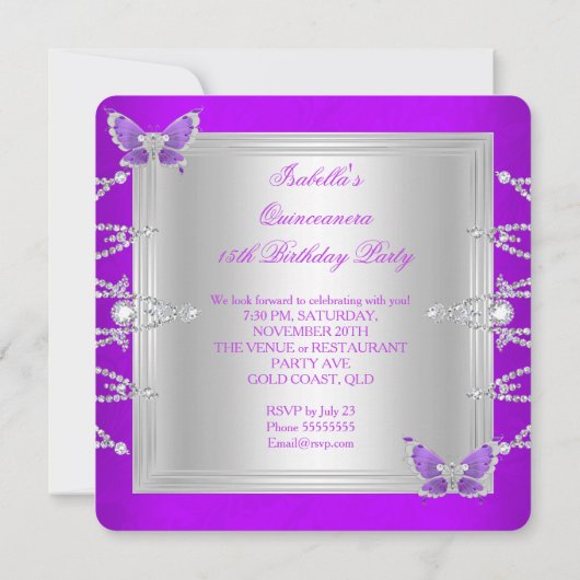 Invitation Quinceanera 15e papillon pourpre en argent Tiara (Dos)