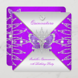 Invitation Quinceanera 15e papillon pourpre en argent Tiara