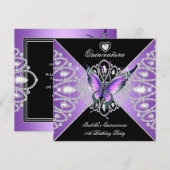 Invitation Quinceanera 15e papillon pourpre Tiara noire (Devant / Derrière)