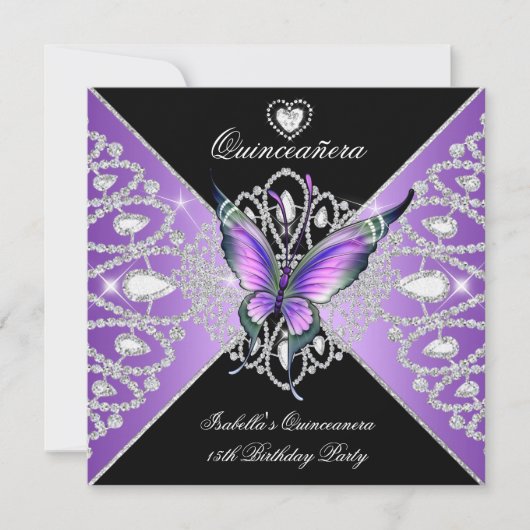 Invitation Quinceanera 15e papillon pourpre Tiara noire (Devant)