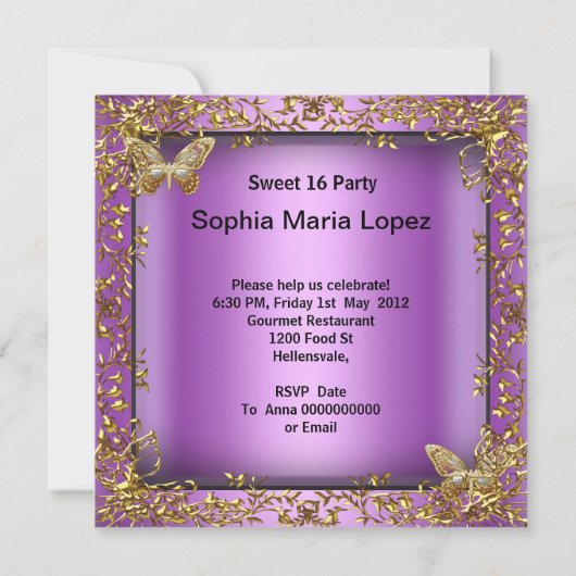 Invitation Quinceañera 15e papillon rose violet or (Dos)