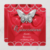 Invitation Quinceanera 15e Parti perle de papillon rouge (Devant / Derrière)