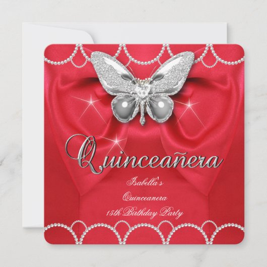 Invitation Quinceanera 15e Parti perle de papillon rouge (Devant)