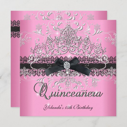 Invitation Quinceanera 15e Parties scintillant rose Tiara Bla (Devant / Derrière)