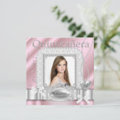 Invitation Quinceanera 15e Perle de dentelle blanche rose pho (Debout devant)