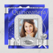 Invitation Quinceanera 15e photo de perle blanche bleue en de (Devant / Derrière)