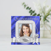 Invitation Quinceanera 15e photo de perle blanche bleue en de (Debout devant)
