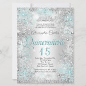 Invitation Quinceanera 15e Photo Silver bleu Turquoise Flocon (Devant)