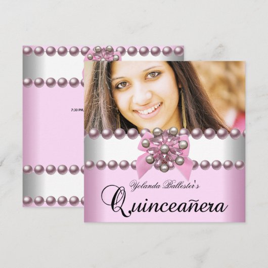 Invitation Quinceanera 15e Pink Rose Pearl Bow Photo (Devant / Derrière)