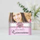 Invitation Quinceanera 15e Pink Rose Pearl Bow Photo (Debout devant)