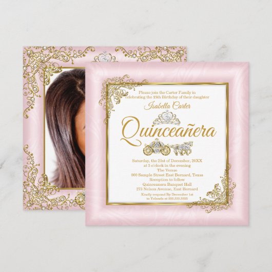 Invitation Quinceanera 15e Porte-photos rose pâle (Devant / Derrière)