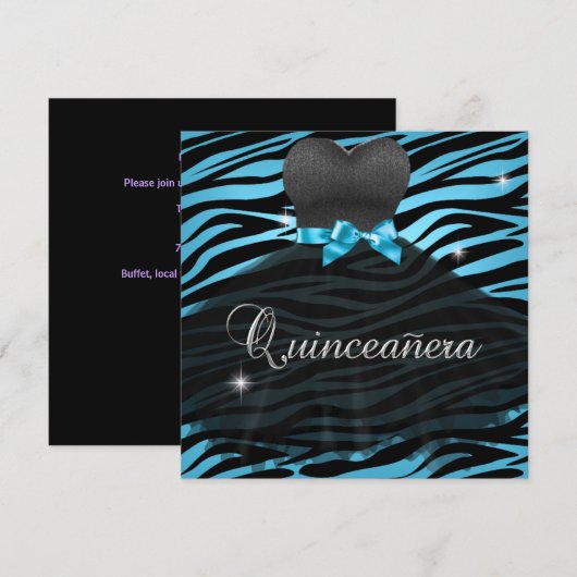 Invitation Quinceanera 15e Robe bleue noire Zèbre (Devant / Derrière)
