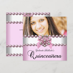 Invitation Quinceanera 15e Rose Blanc Rose Perle Nœud Photo