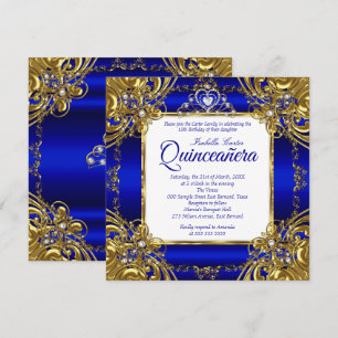 Invitation Quinceanera 15e Royal Blue Gold Pearl Tiara