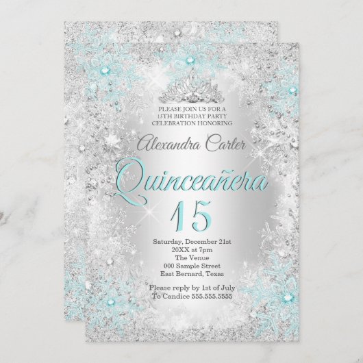 Invitation Quinceanera 15e Silver bleu Turquoise Flocon de ne (Devant / Derrière)