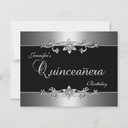 Invitation Quinceanera 15e Soirée de Bijoux en argent noir él (Devant)