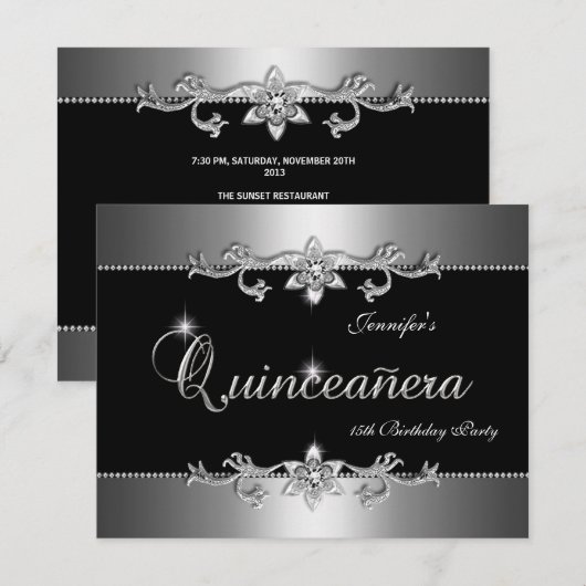 Invitation Quinceanera 15e Soirée de Bijoux en argent noir él (Devant / Derrière)