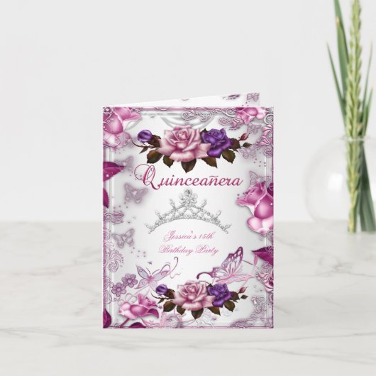 Invitation Quinceanera 15e Tiara Blanc rose violet Rose (Devant)