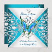 Invitation Quinceanera 15e Tiara, papillon bleu Turquoise pro (Devant / Derrière)