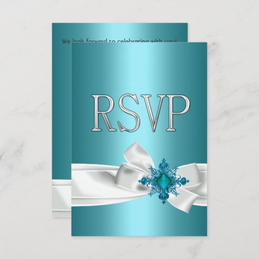 Invitation Quinceanera 15e Turquoise Bleue Argent Blanc Bow R (Devant / Derrière)