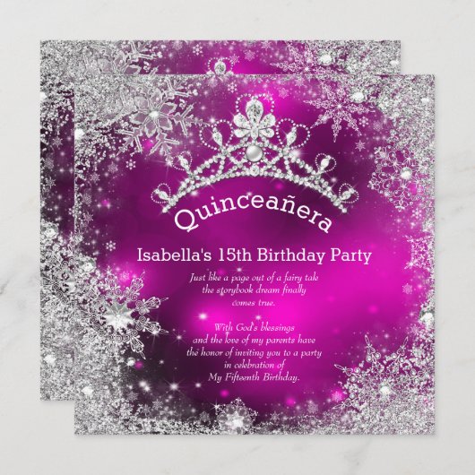 Invitation Quinceanera 15e Winter Wonderland Argent rose (Devant / Derrière)