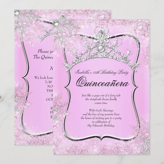 Invitation Quinceanera 15e Winter Wonderland Argent rose (Devant / Derrière)