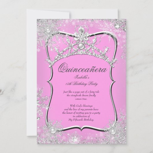 Invitation Quinceanera 15e Winter Wonderland Argent rose (Devant)