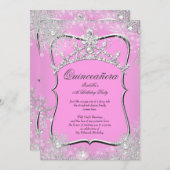 Invitation Quinceanera 15e Winter Wonderland Argent rose (Devant / Derrière)