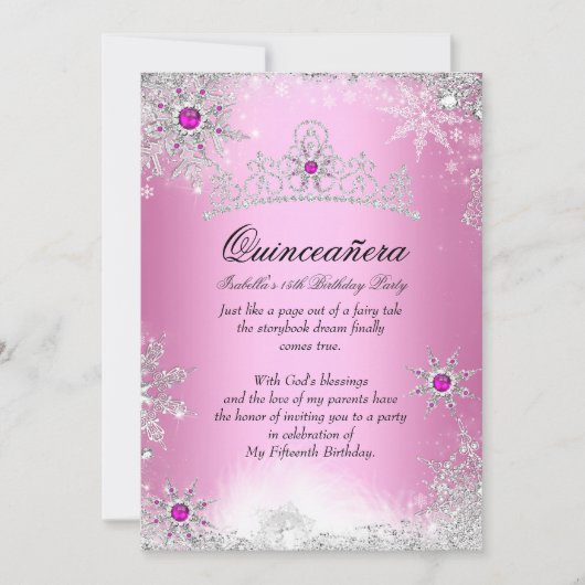 Invitation Quinceanera 15e Winter Wonderland Argent rose (Devant)