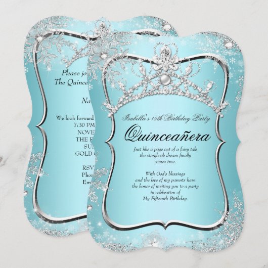 Invitation Quinceanera 15e Winter Wonderland Silver Blue (Devant / Derrière)