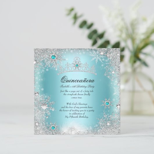 Invitation Quinceanera 15e Winter Wonderland Silver Blue 2 (Debout devant)