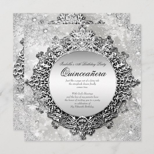 Invitation Quinceanera 15e Winter Wonderland Silver White (Devant / Derrière)