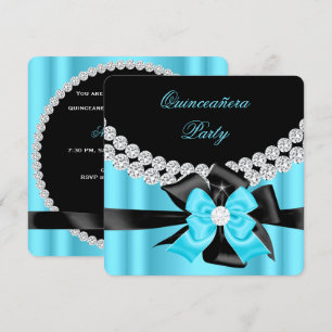 Invitation Quinceanera 15ème Bleu Argent Noir Nœud Diamants 2