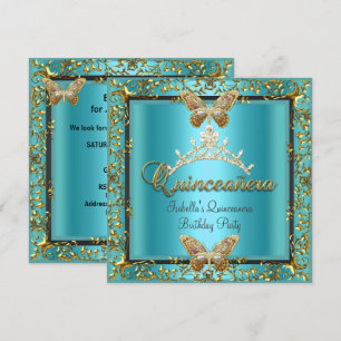 Invitation Quinceañera 15ème Bleu Sarcelle Papillon Doré