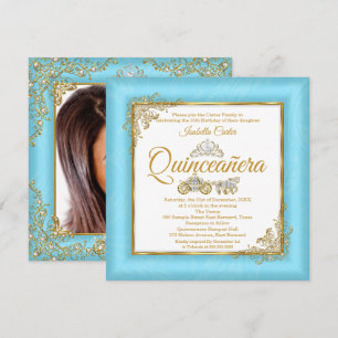Invitation Quinceanera 15ème Cinderella Blue Pearl Tiara Phot